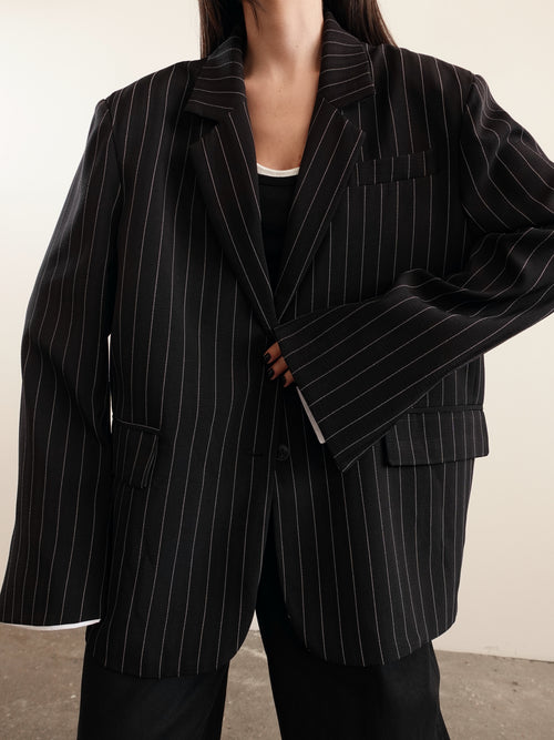 BLAZER GESSATO CON RISVOLTO A CONTRASTO - NERO 3141