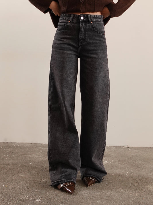 JEANS WIDE LEG FONDO SFRANGIATO - NERO SLAVATO 8000-9