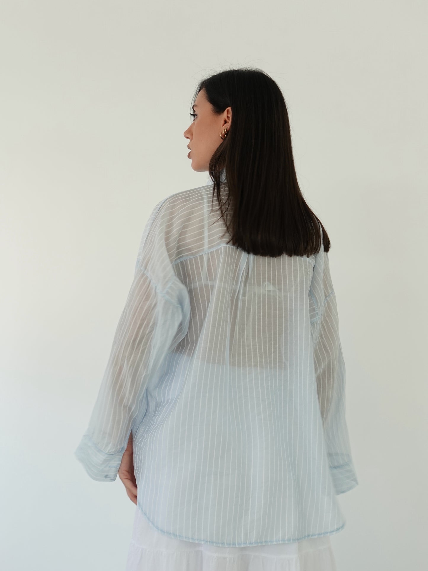 CAMICIA SEMITRASPARENTE A RIGHE - CIELO 25135