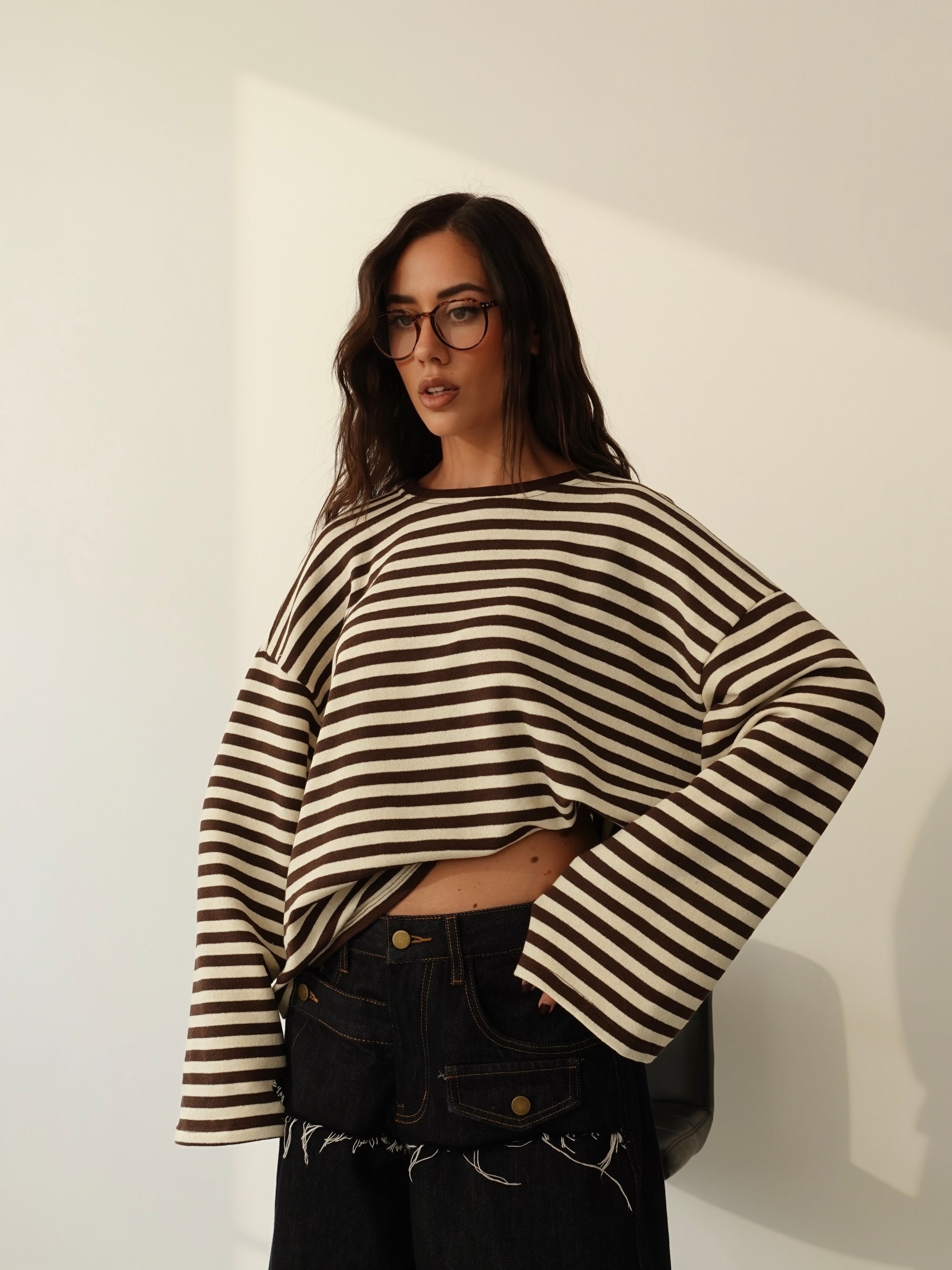 LONG-SLEEVE A RIGHE - BURRO/MARRONE F1109