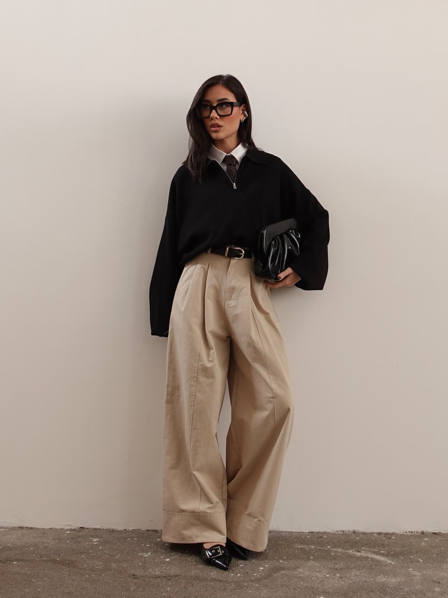 PANTALONI IN COTONE A PALAZZO CON CINTURA - BEIGE 14740