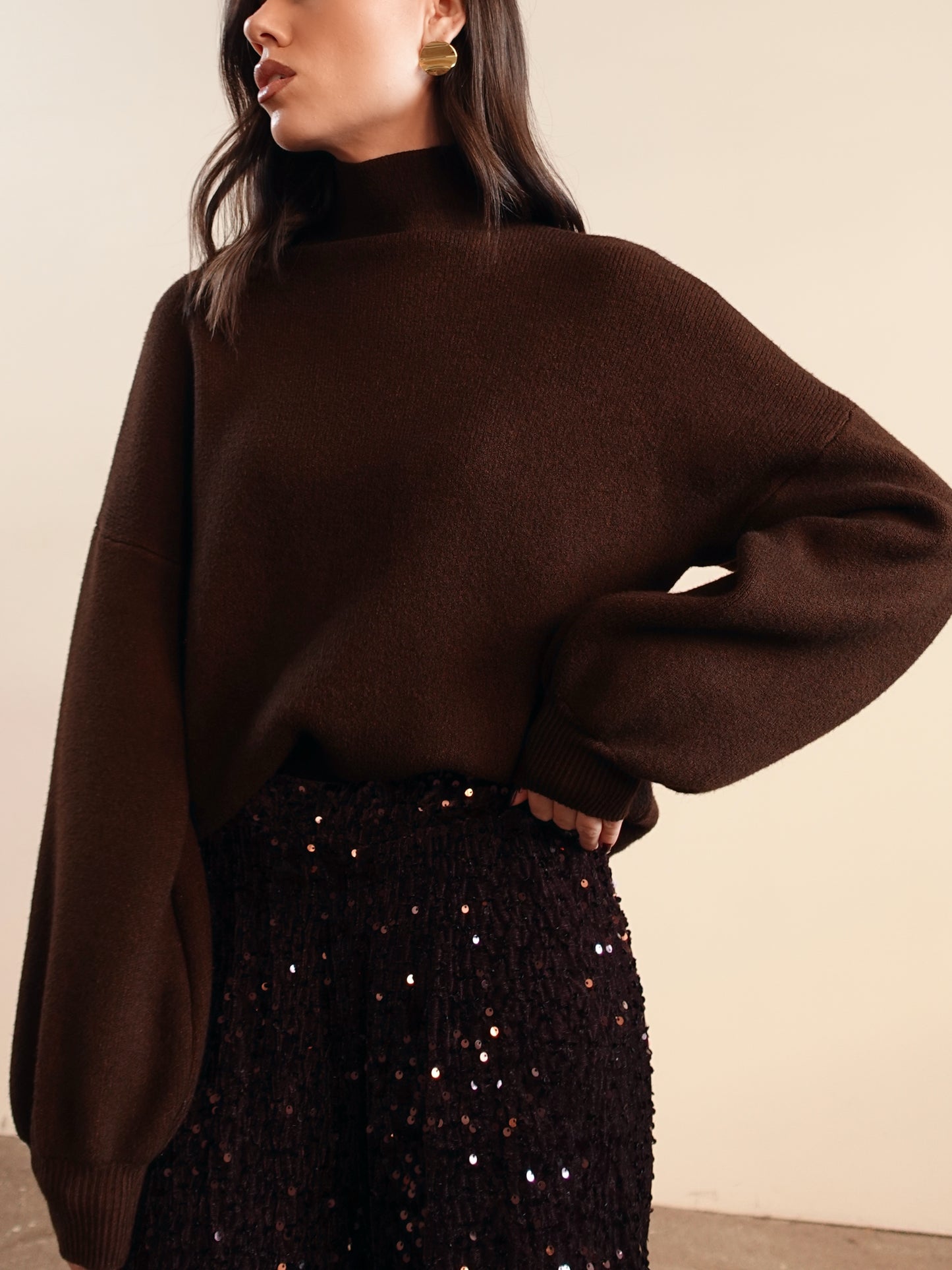 MAGLIONCINO MEZZO COLLO CON MANICA A SBUFFO - MARRONE 5179