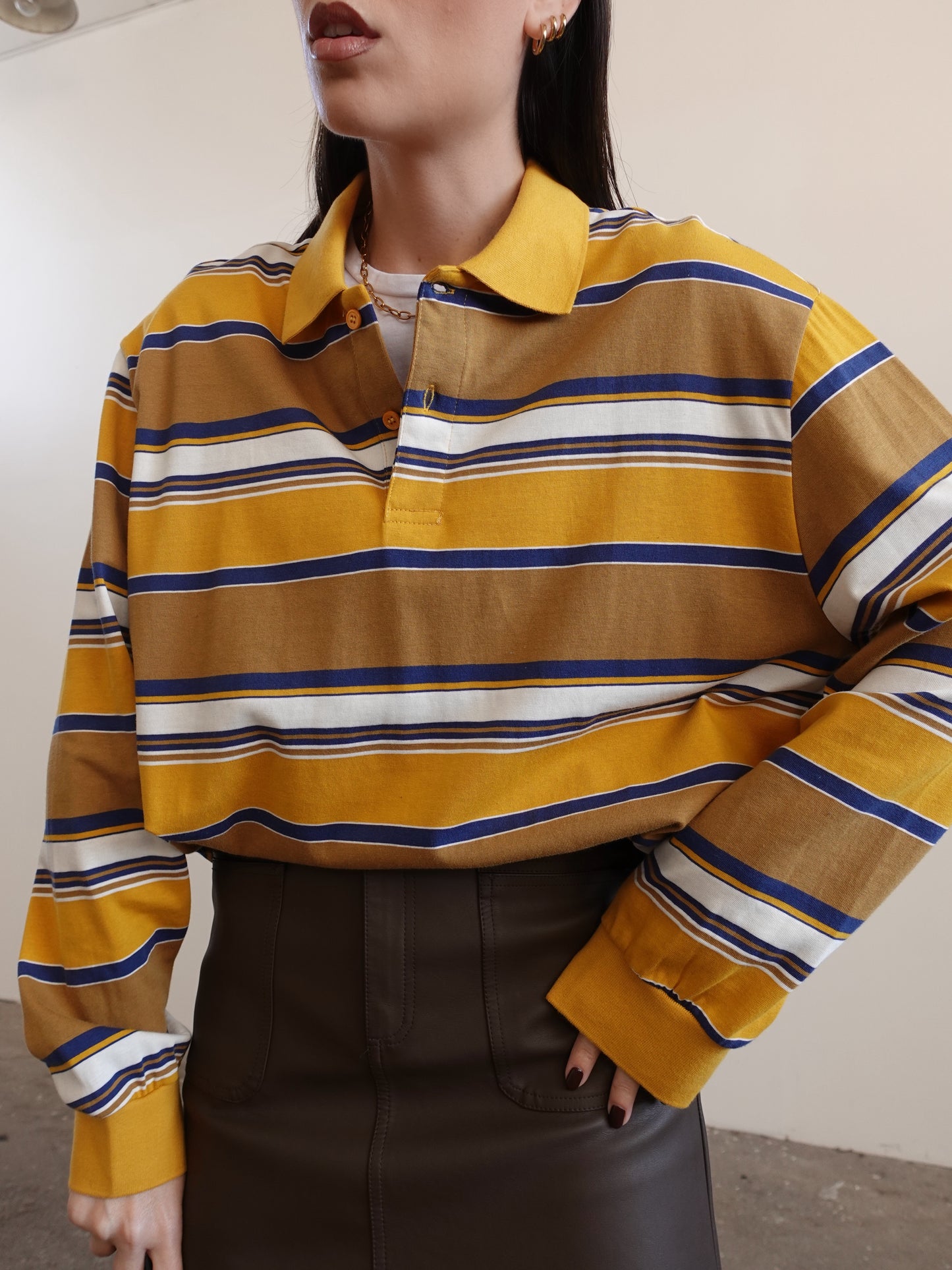 POLO A RIGHE CON COLLETTO A CONTRASTO - SENAPE/BLU 838-1