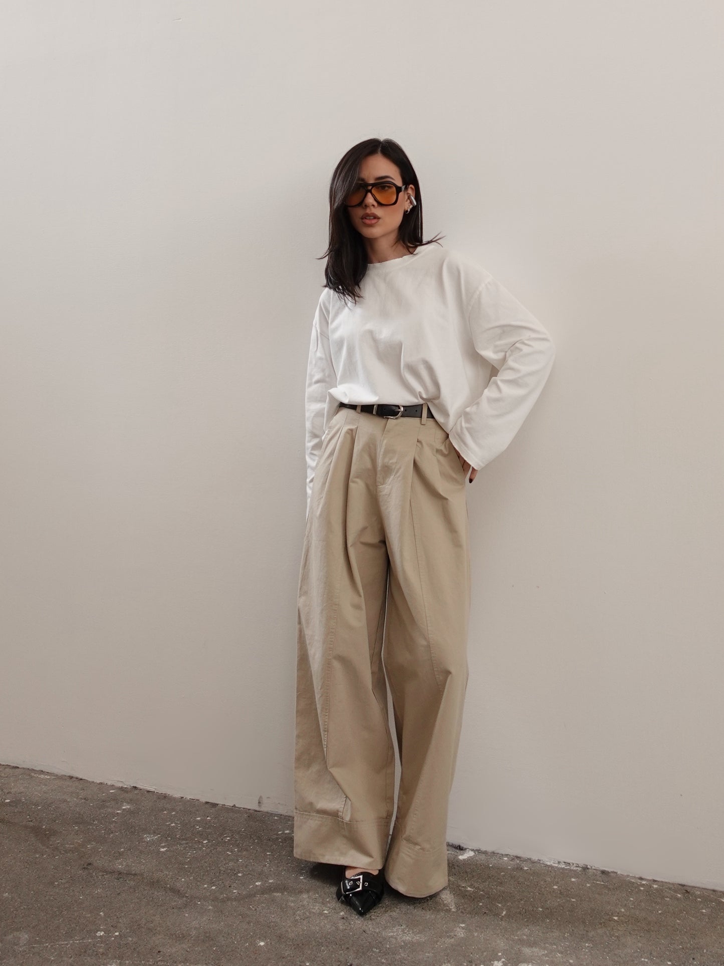 PANTALONI IN COTONE A PALAZZO CON CINTURA - BEIGE 14740