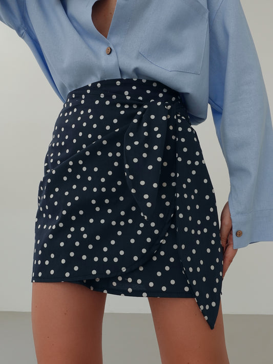 MINIGONNA A POIS CON CHIUSURA A PORTAFOGLIO - BLU 58925