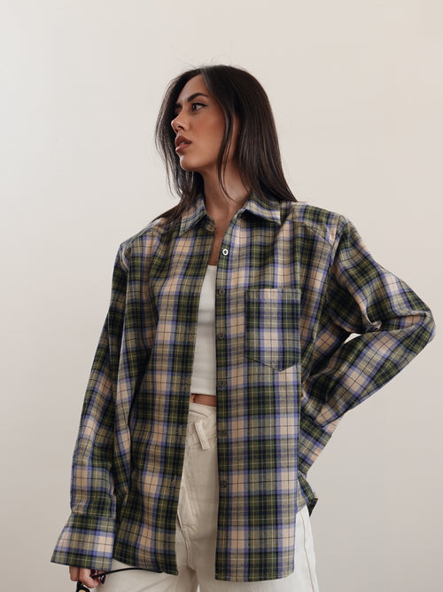 CAMICIA IN COTONE A QUADRI CON SPALLINE - VERDE/BEIGE