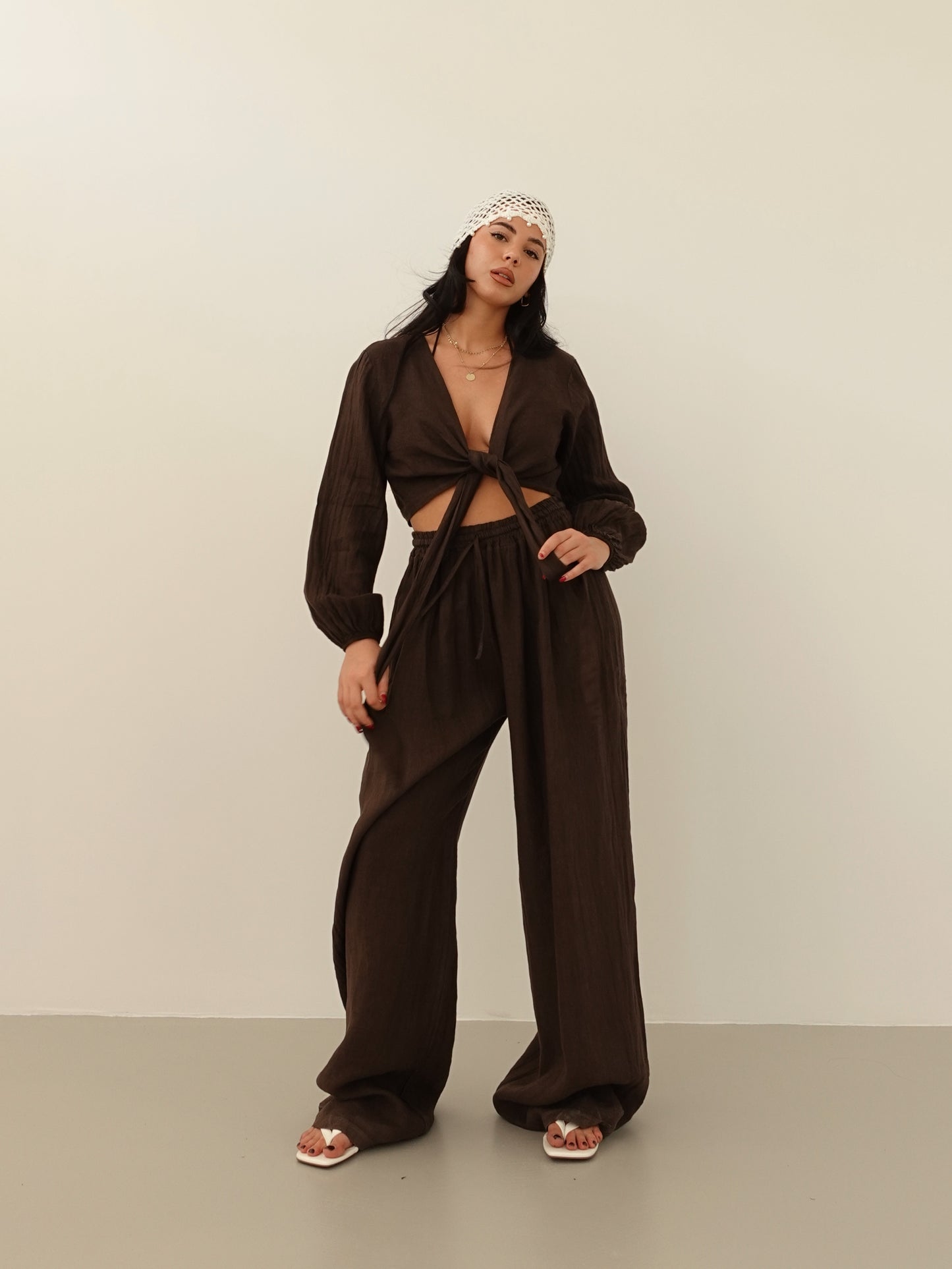 PANTALONI GAMBA AMPIA CON LACCETTI IN 100% LINO - CIOCCOLATO 6978