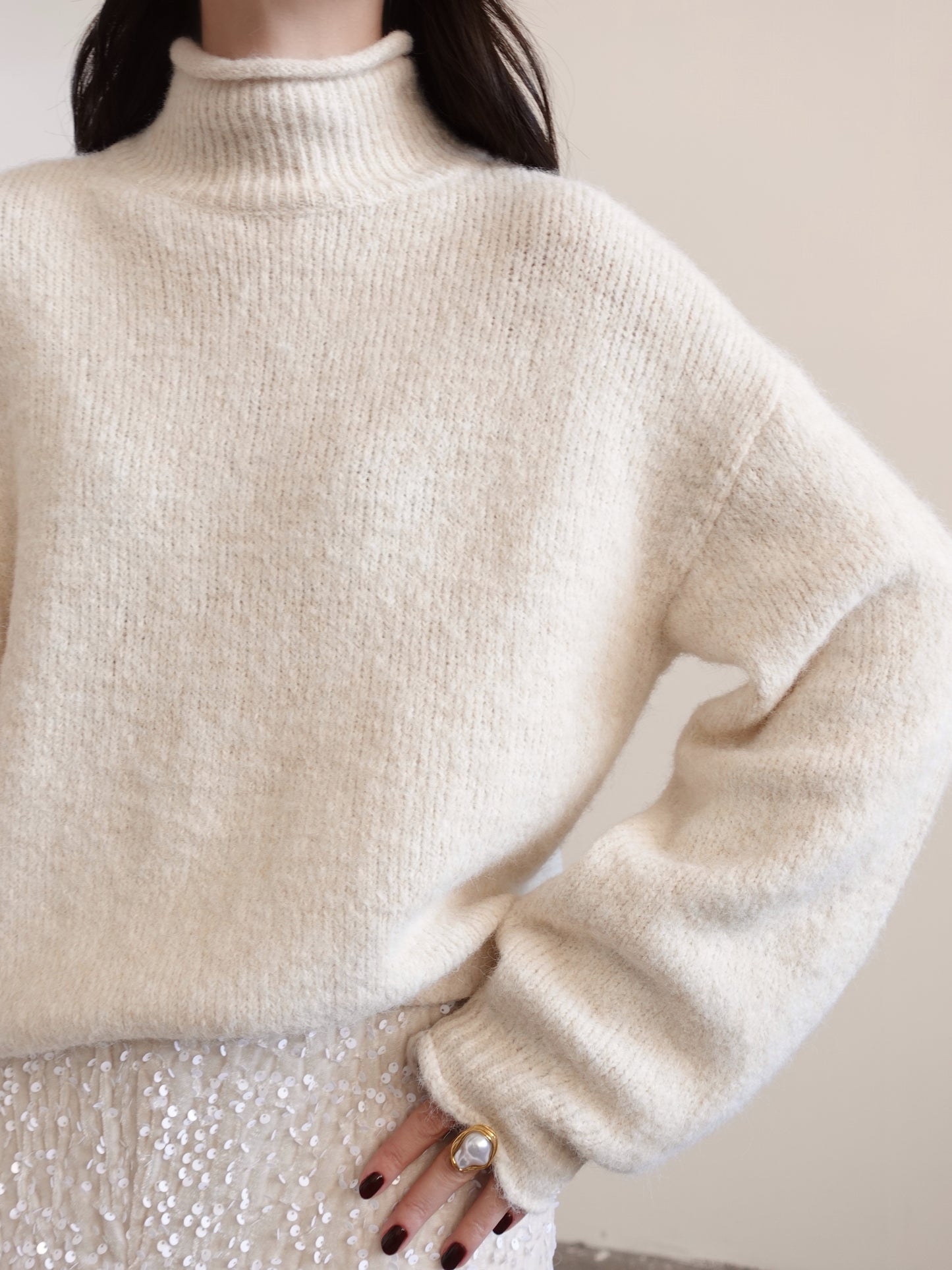 MAGLIONE MEZZO COLLO IN LANA - PANNA 7066