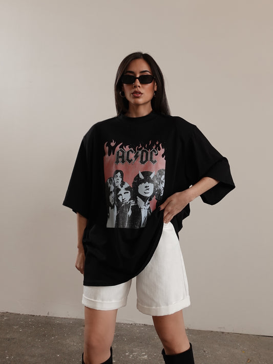 MAXI T-SHIRT CON SPALLINE AC/DC - NERO F0702