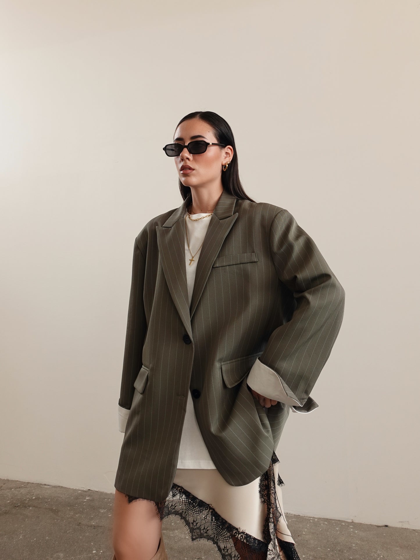 BLAZER GESSATO CON RISVOLTO A CONTRASTO - VERDE 11102