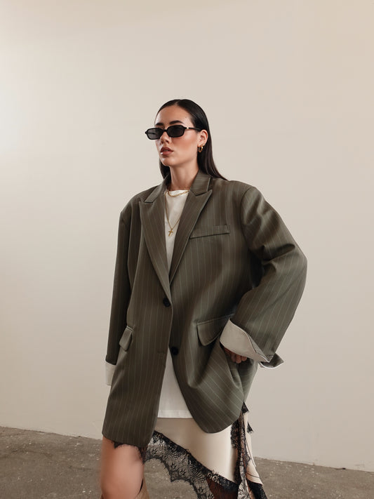 BLAZER GESSATO CON RISVOLTO A CONTRASTO - VERDE 11102