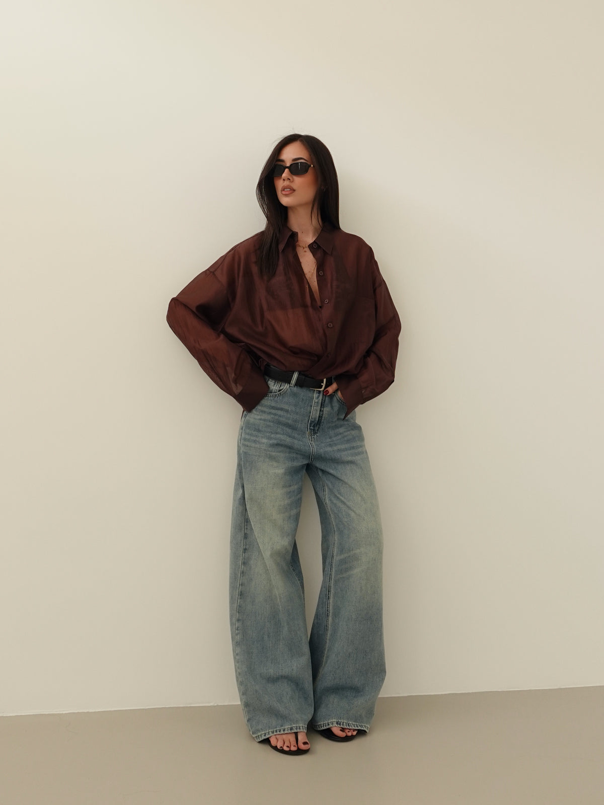 JEANS WIDE LEG SABBIATO CON CINTURA - LAVAGGIO MEDIO 66381
