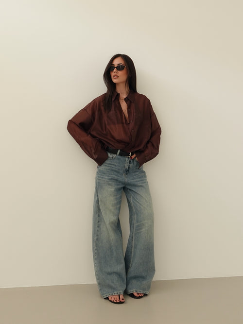 JEANS WIDE LEG SABBIATO CON CINTURA - LAVAGGIO MEDIO 66381