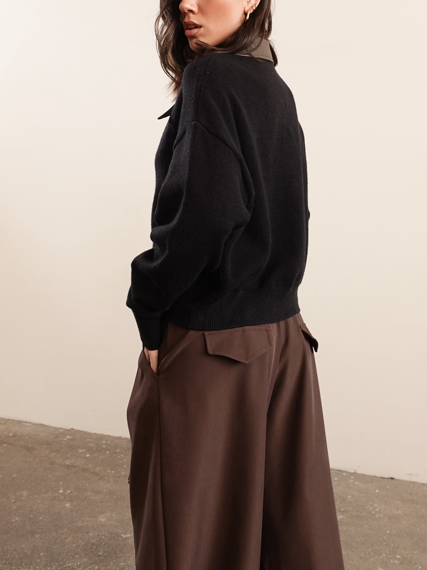 MAGLIONCINO CON ZIP E COLLETTO IN ECOPELLE - NERO 14569