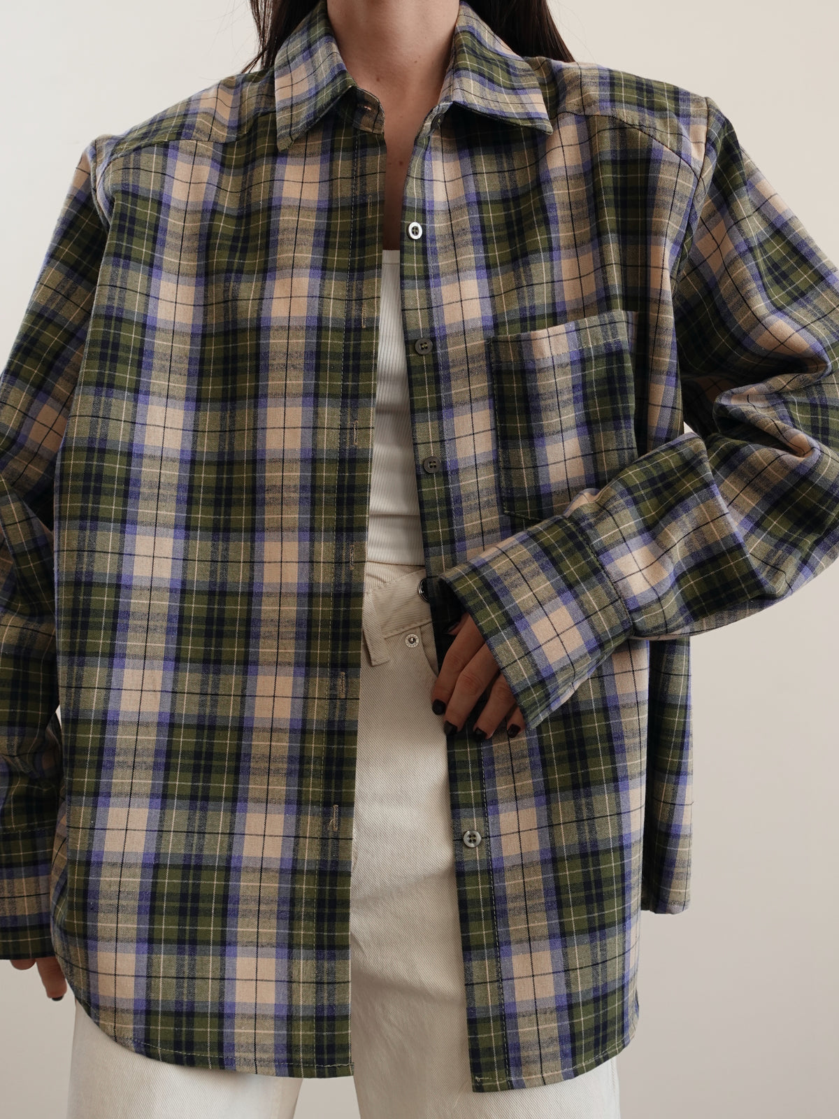 CAMICIA IN COTONE A QUADRI CON SPALLINE - VERDE/BEIGE
