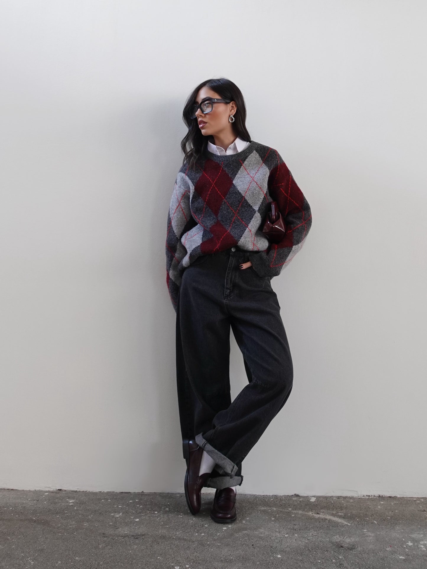 MAGLIONE ROMBI IN LANA - GRIGIO/BORDEAUX 7015