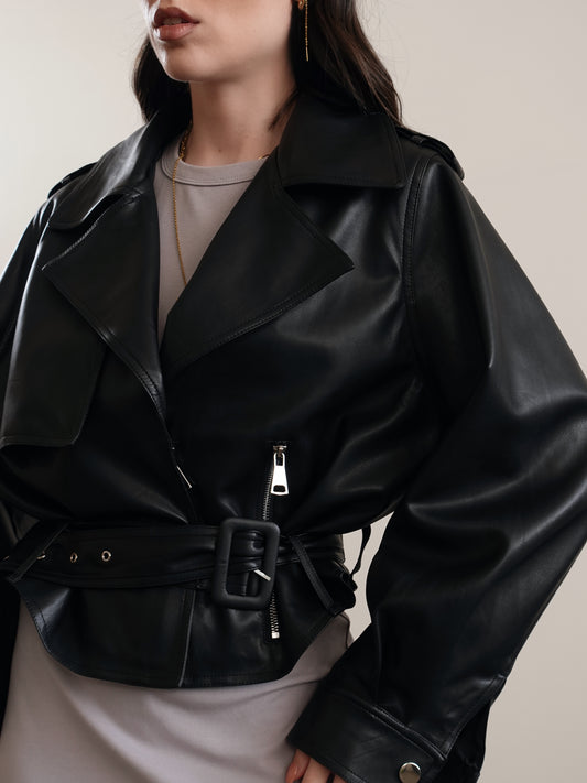 CHIODO IN ECOPELLE CON CINTURA -  NERO 9325