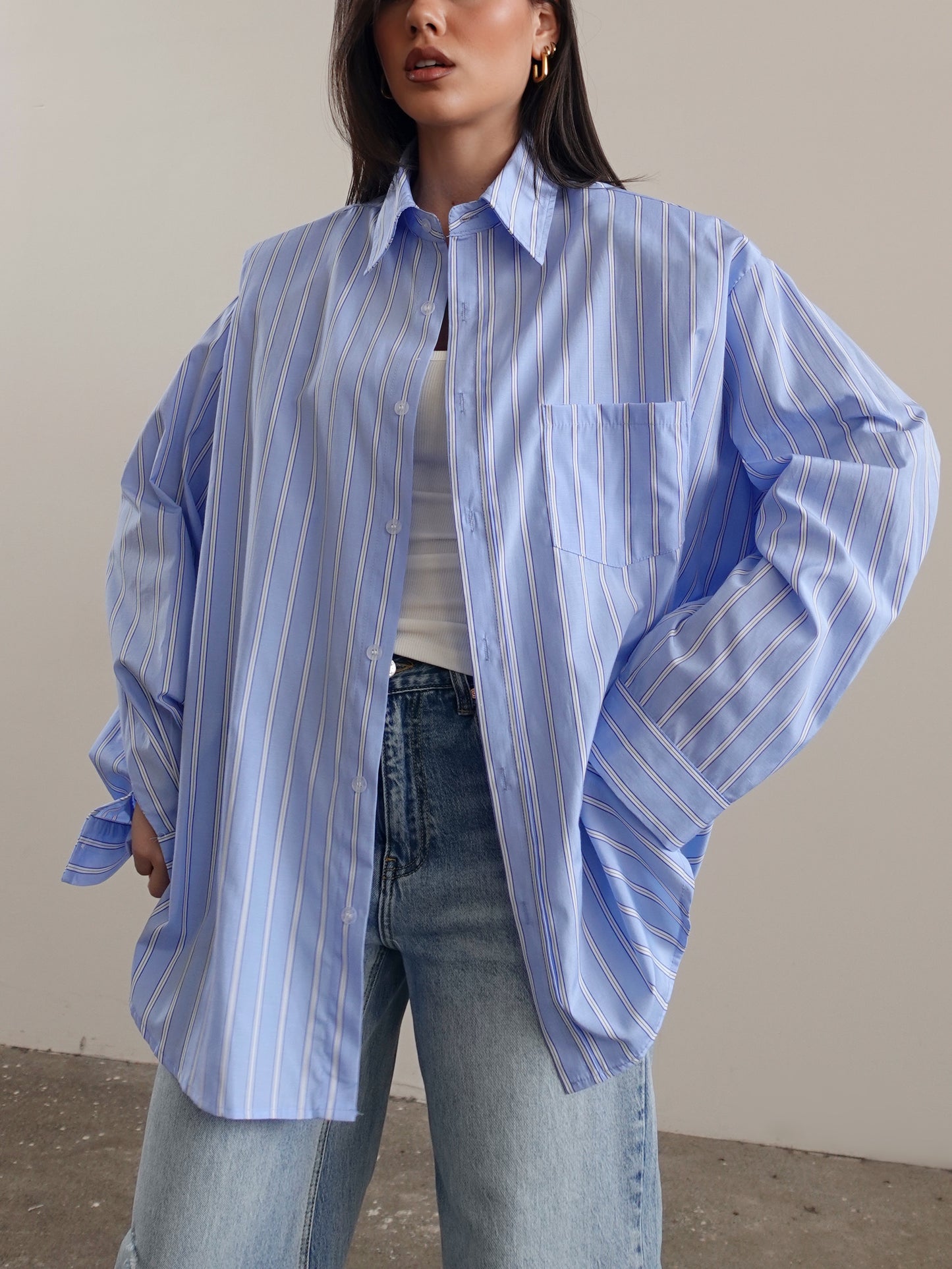 CAMICIA OVER A RIGHE CON SPALLINE - AZZURRO 17192