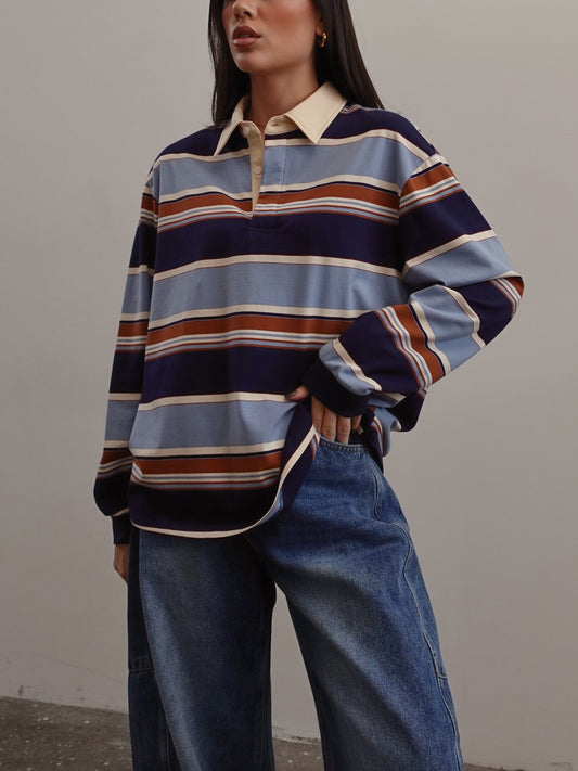 POLO A RIGHE CON COLLETTO A CONTRASTO - CERULEO/BLU 839-2