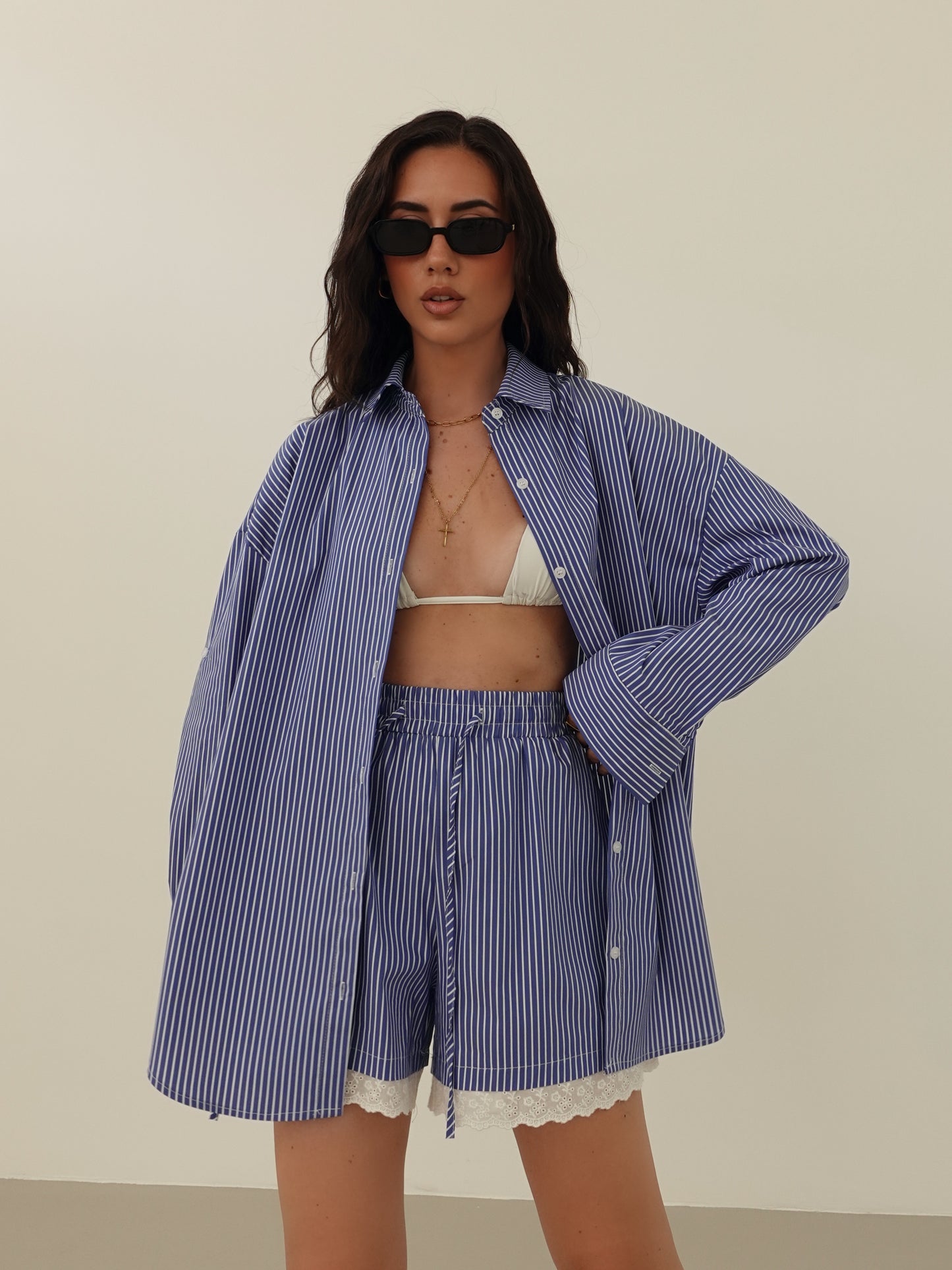 COORDINATO MILLERIGHE CON MERLETTO - BLU 66716