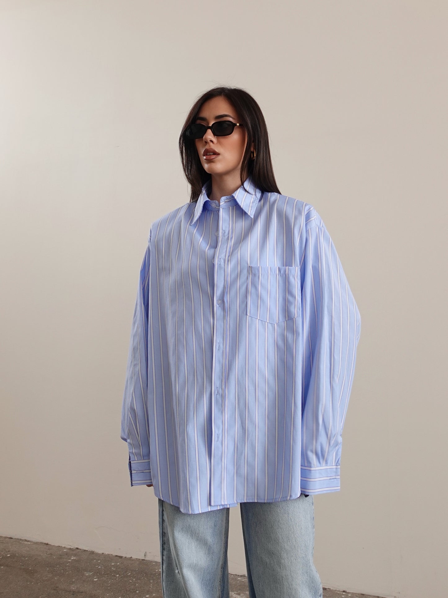 CAMICIA OVER A RIGHE CON SPALLINE - AZZURRO 17192