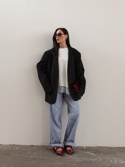BLAZER GESSATO CON RISVOLTO A CONTRASTO - NERO 3141