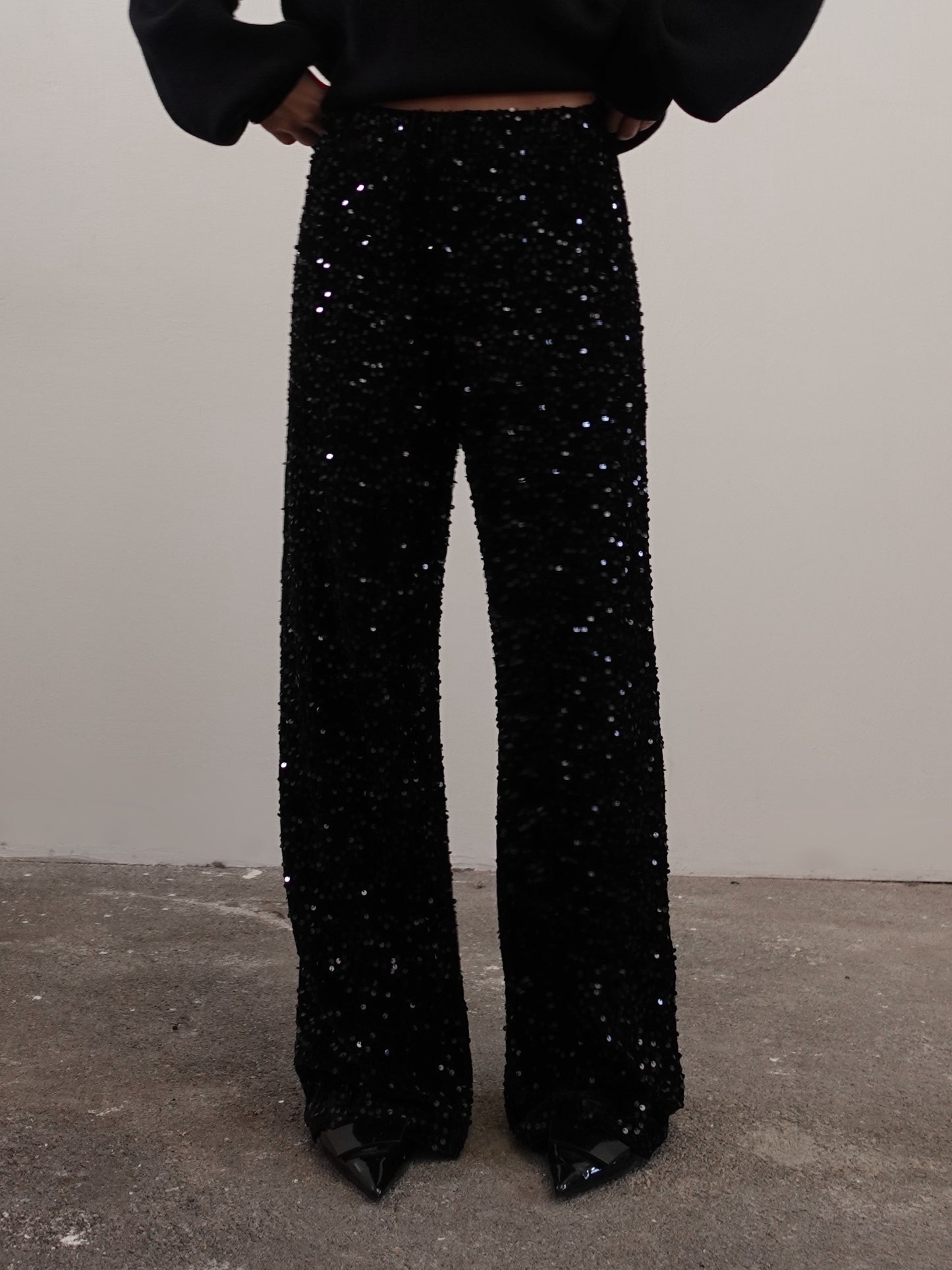 PANTALONI IN CINIGLIA CON PAILLETTES - NERO 10460