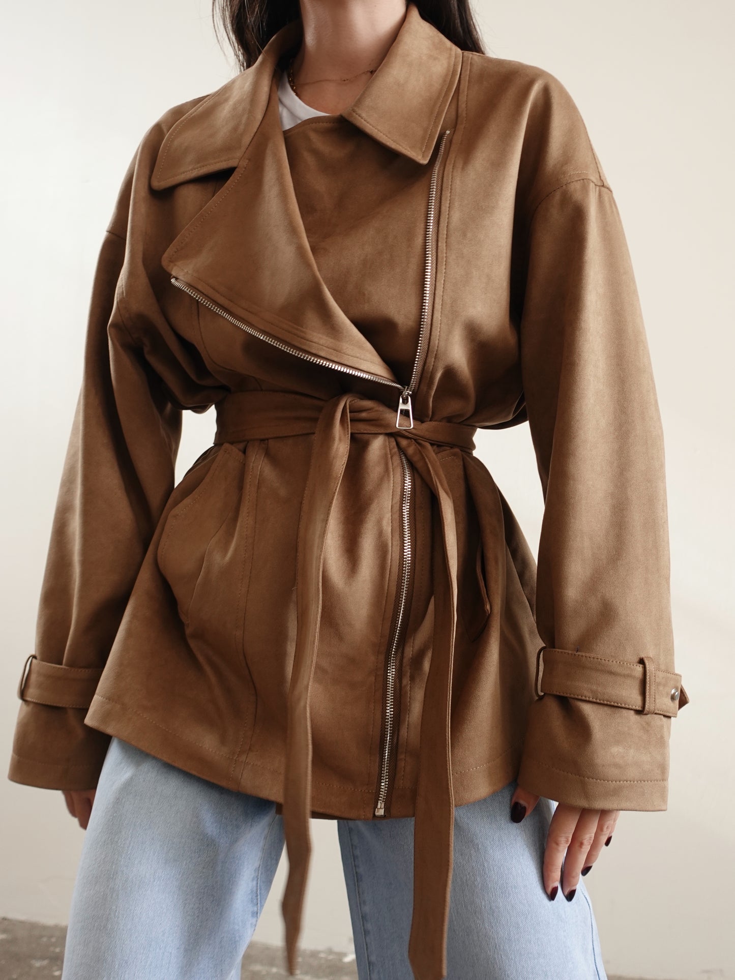 GIACCA SCAMOSCIATA CON CINTURA - CAMEL 160391