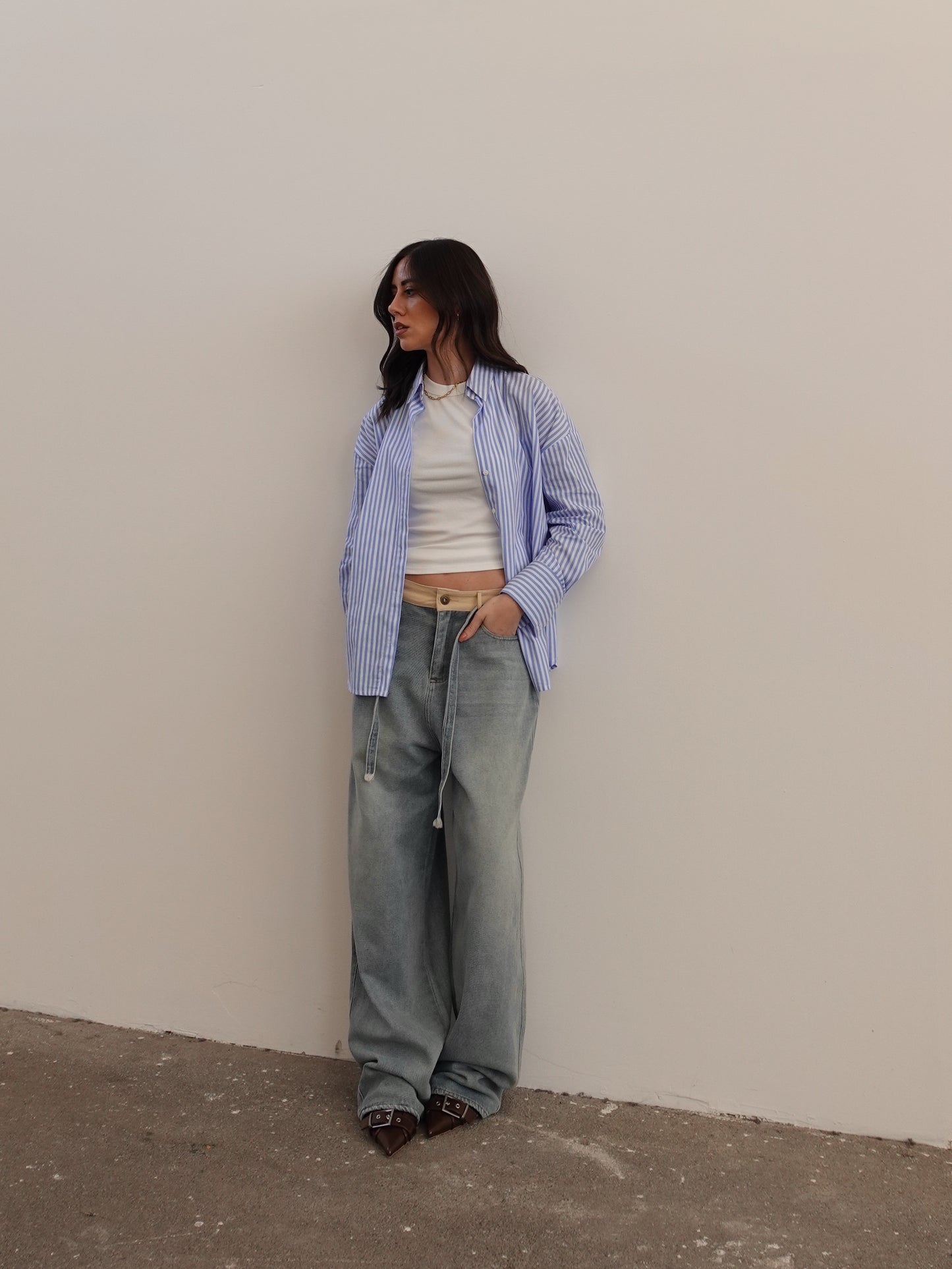 JEANS WIDE LEG CON DETTAGLI IN COTONE - SABBIATO/BEIGE 43042