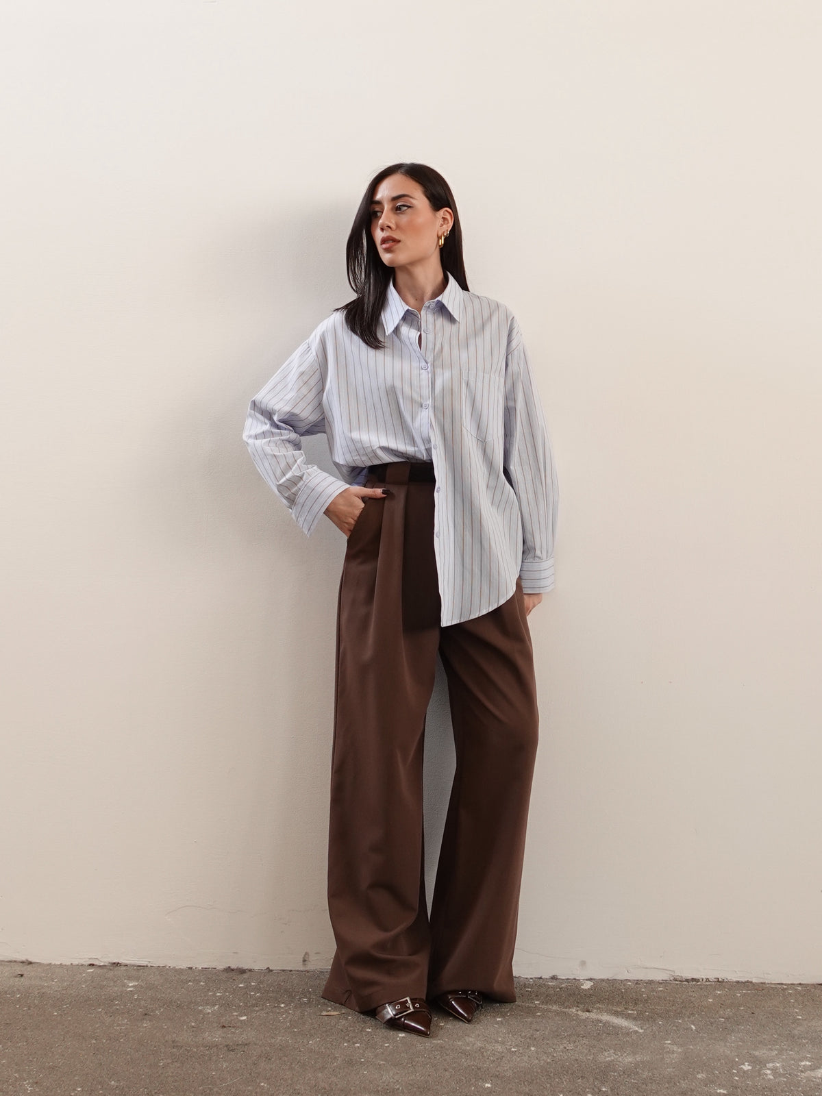 PANTALONI WIDE LEG CON CINTURA - CAFFE' 16088