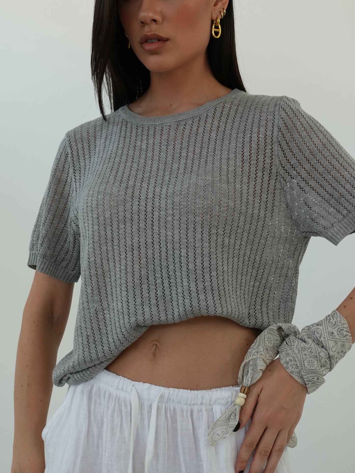 T-SHIRT IN FILO CON FOULARD - GRIGIO 3105