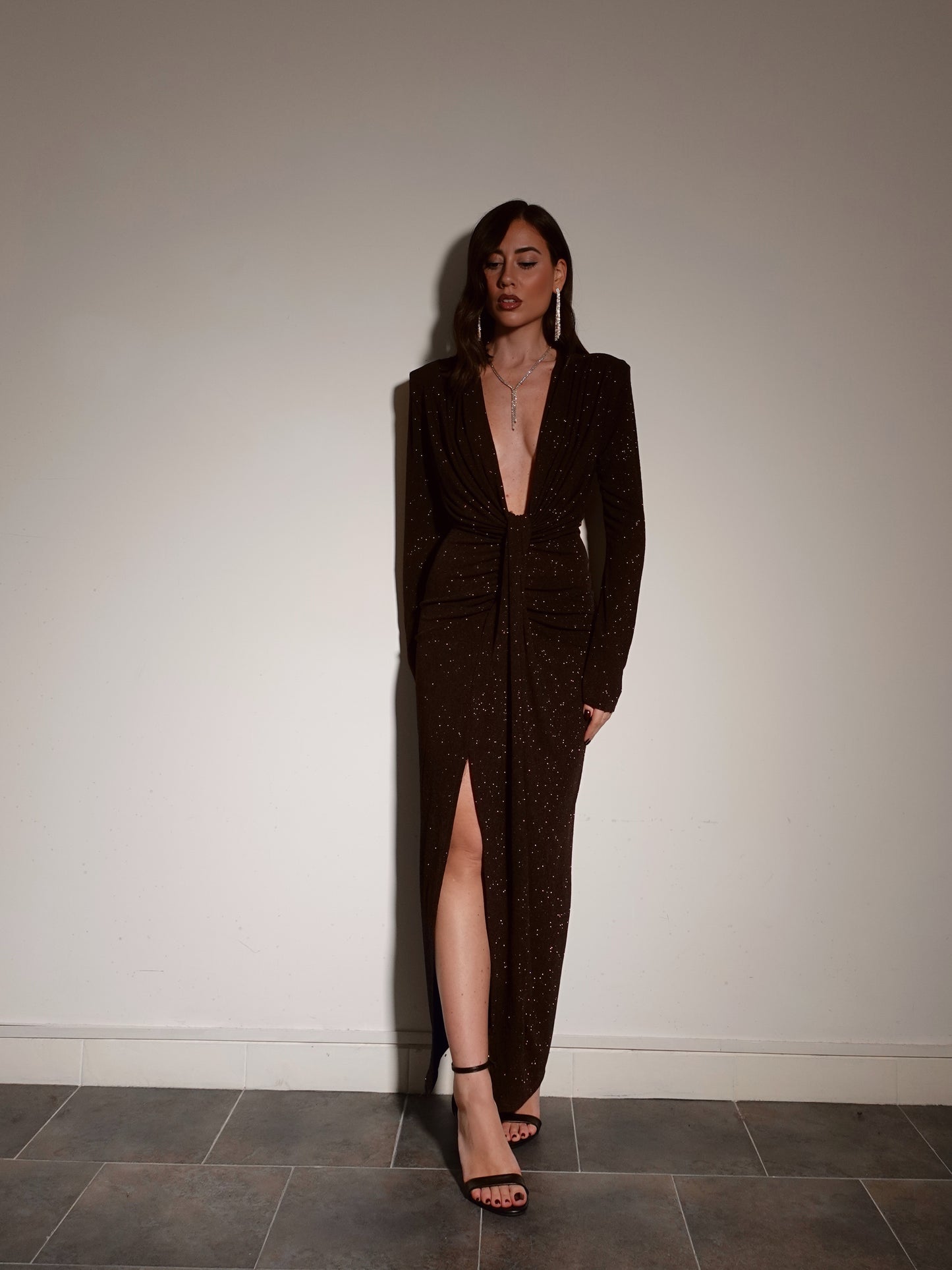 LONG DRESS GLITTER STARDAST - MARRONE 121373