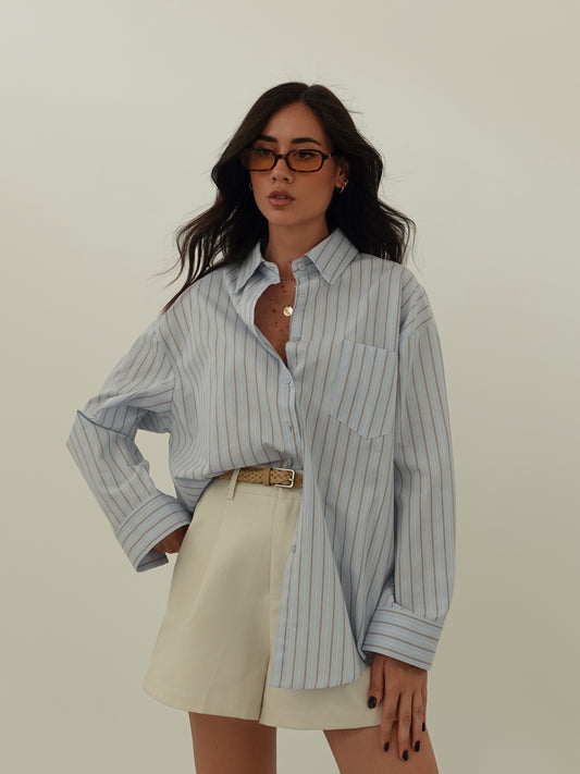 CAMICIA OVERSIZE A RIGHE - AZZURRO/CAMEL 17216