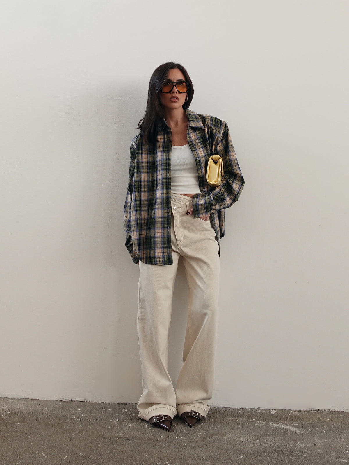 CAMICIA IN COTONE A QUADRI CON SPALLINE - VERDE/BEIGE