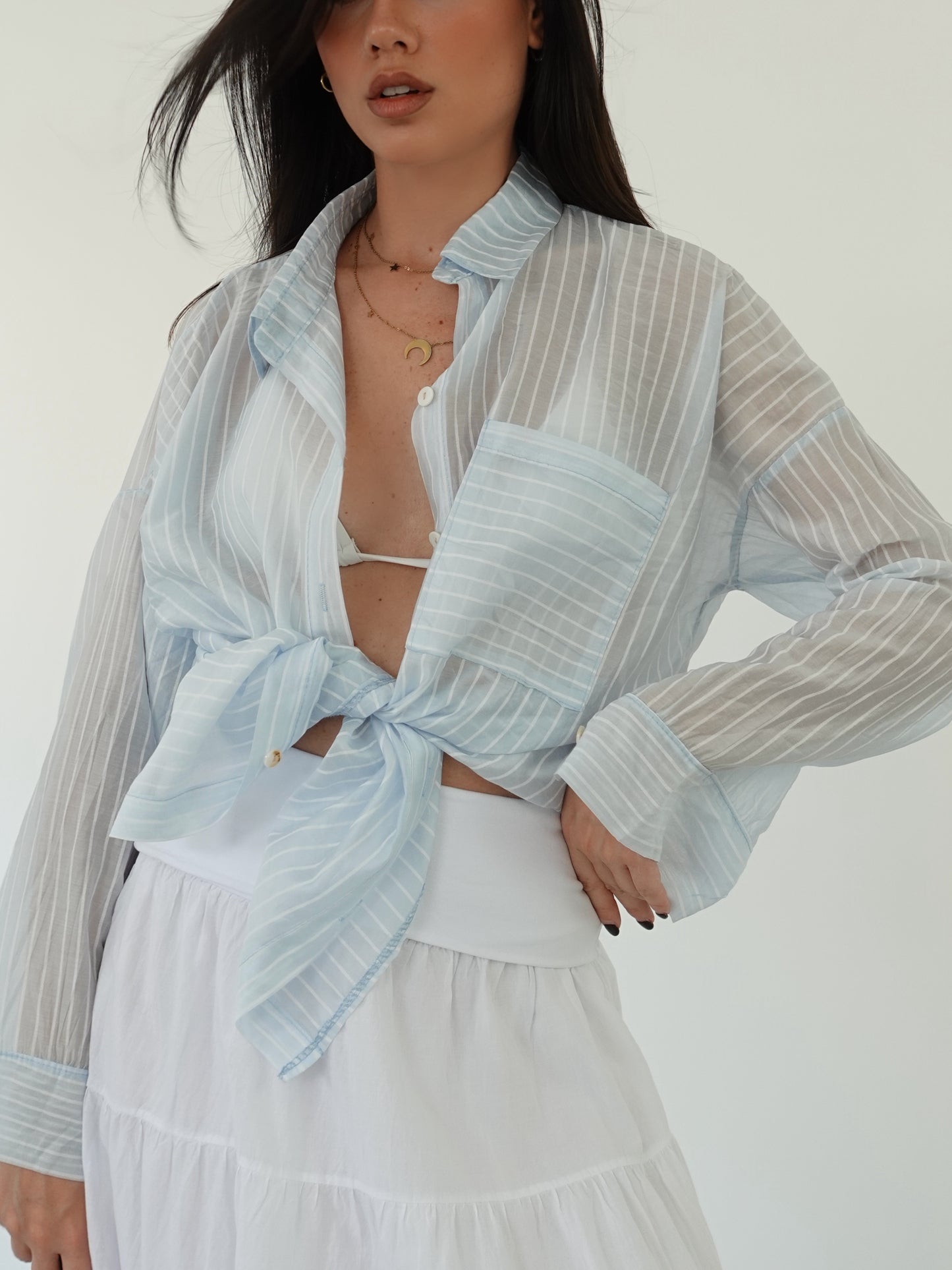 CAMICIA SEMITRASPARENTE A RIGHE - CIELO 25135