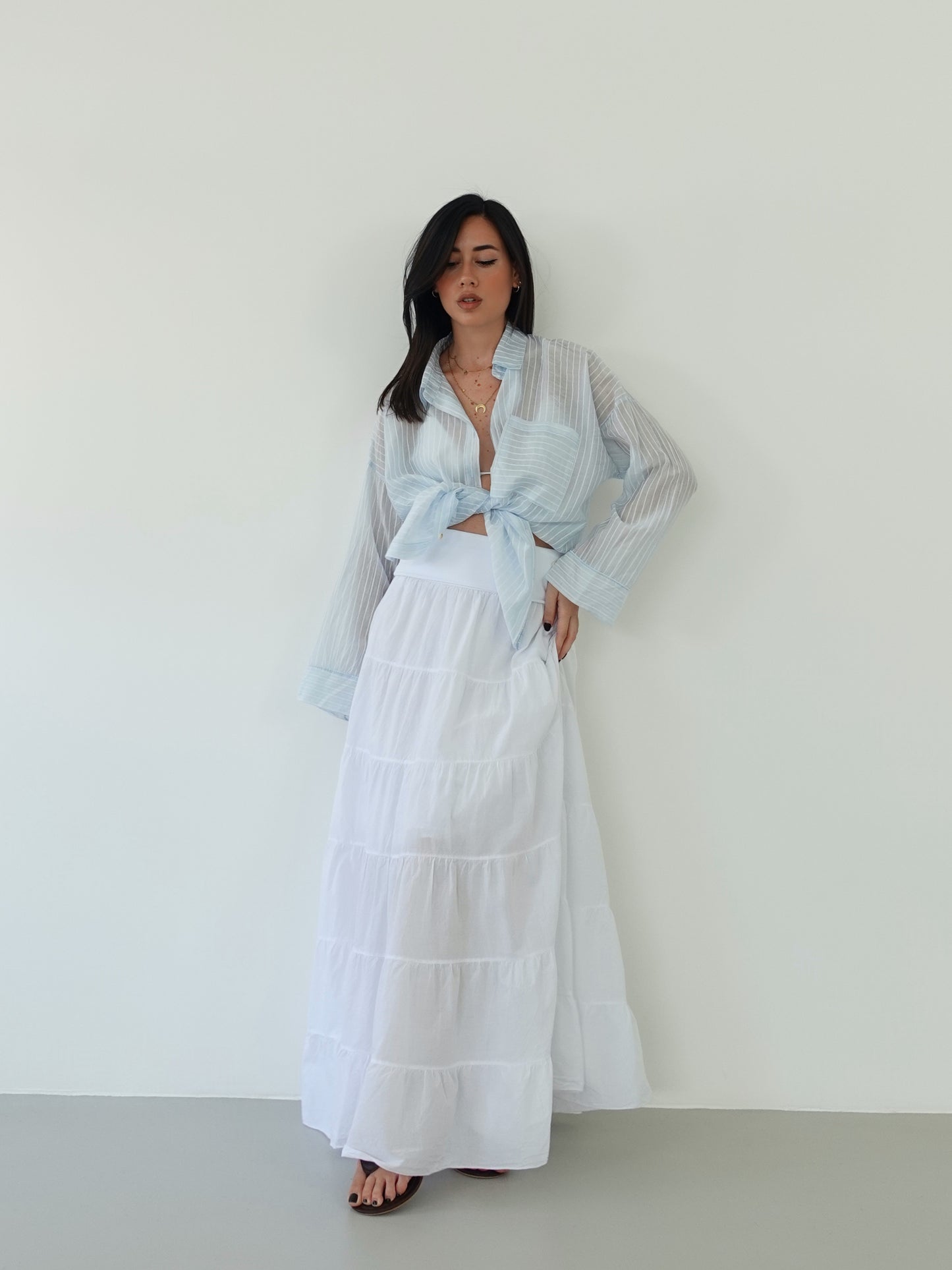 CAMICIA SEMITRASPARENTE A RIGHE - CIELO 25135