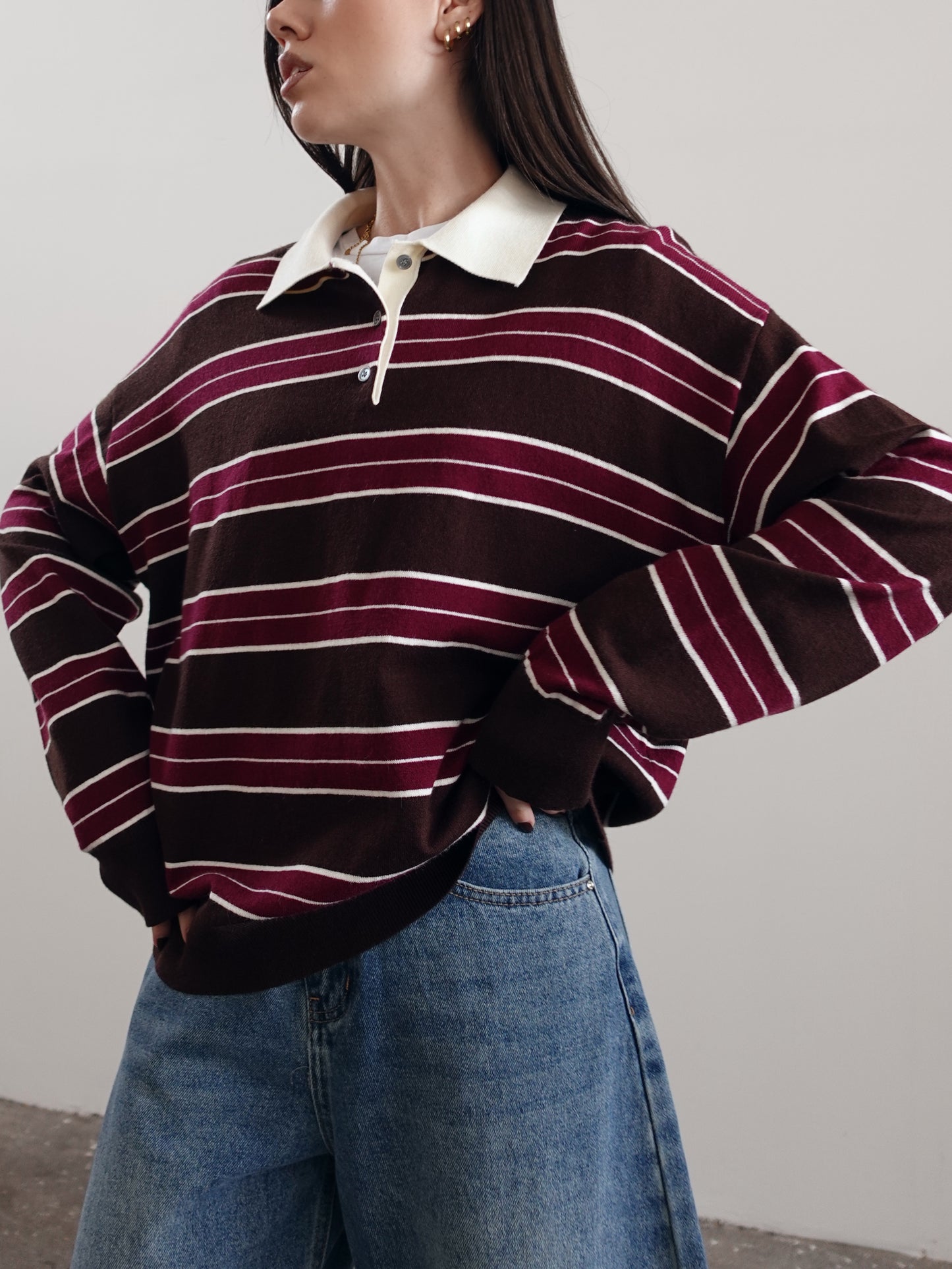 POLO IN MAGLIA OVERSIZE A RIGHE - MARRONE/WINE 7197-1