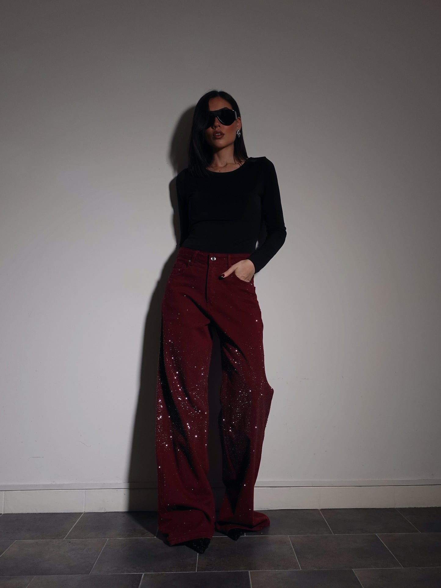 JEANS WIDE LEG CON STRASS - BORDEAUX 3245