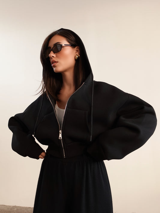 FELPA CROP CON CAPPUCCIO - NERO 1905