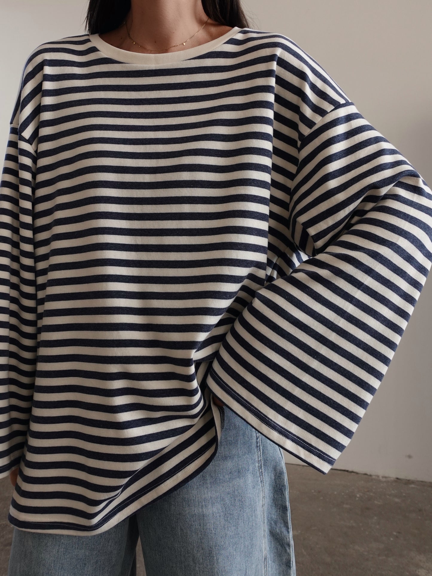 LONG-SLEEVE OVERSIZE A RIGHE - PANNA/BLU NAVY 50057