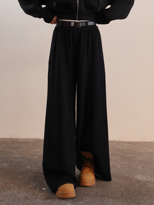 PANTALONI IN MAGLIA WIDE LEG CON CINTURA - NERO 15674