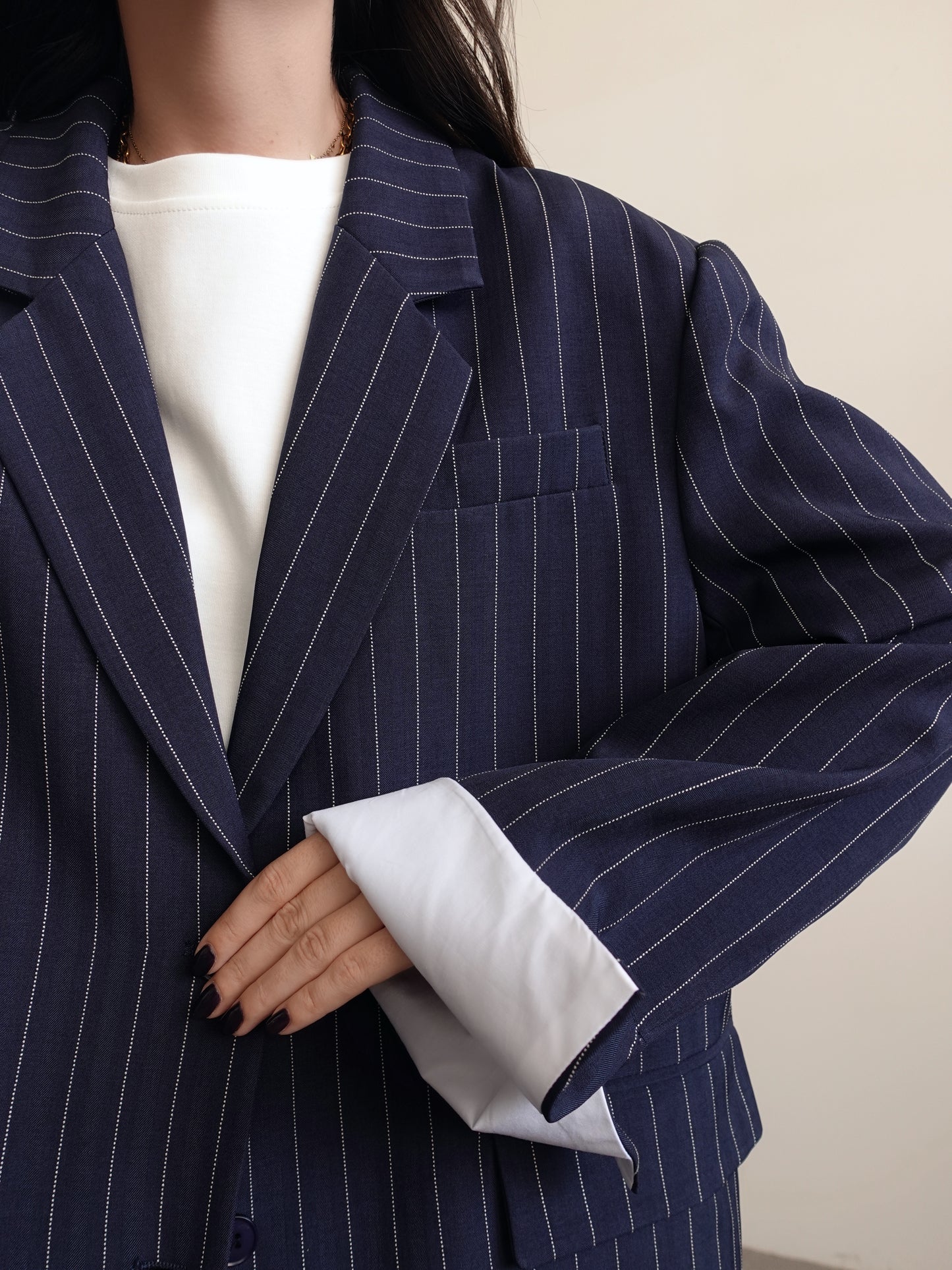 BLAZER GESSATO CON RISVOLTO A CONTRASTO - BLU 3141