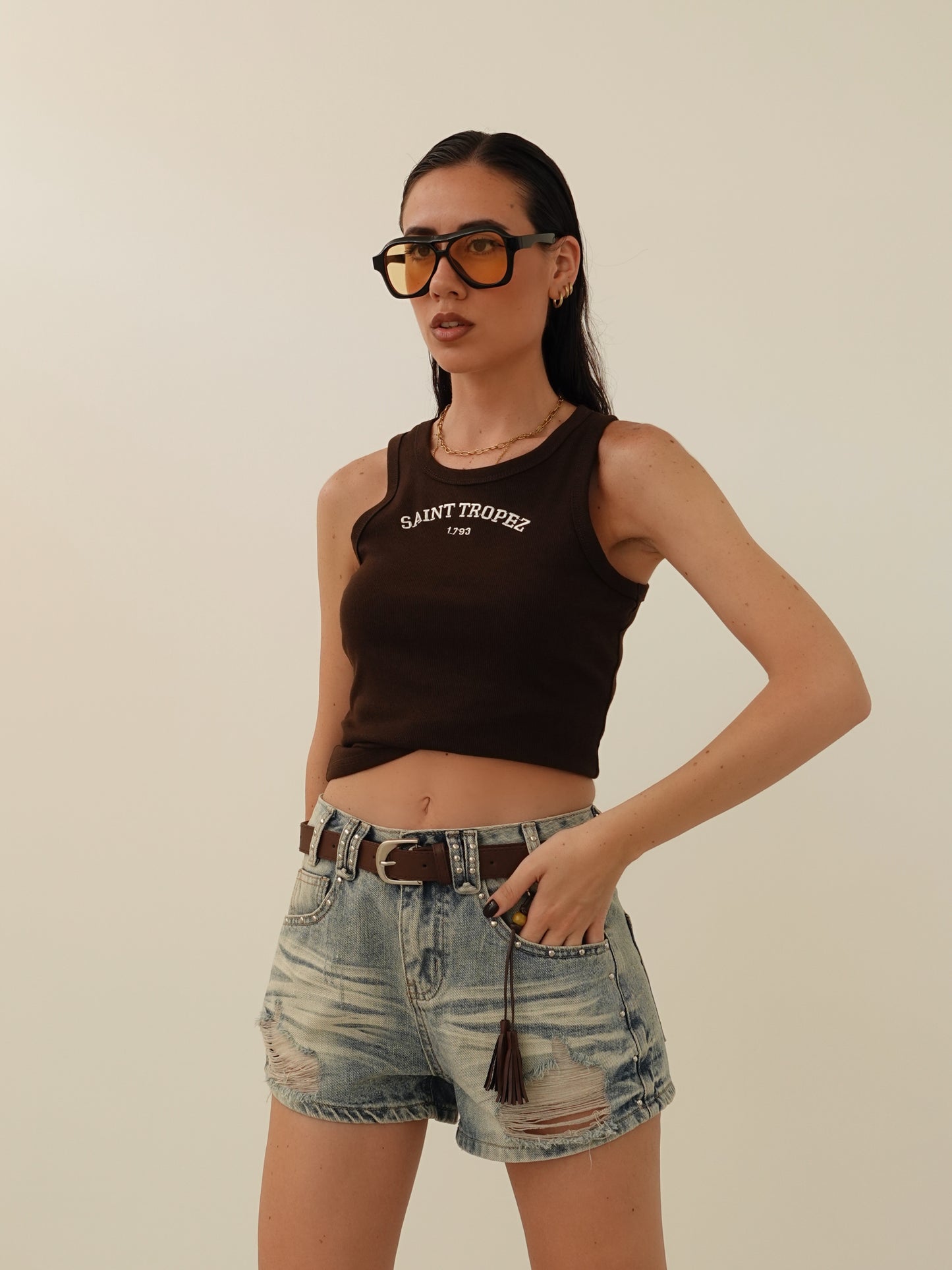 MINI SHORTS IN DENIM CON CINTURA - LAVAGGIO SABBIATO 55273