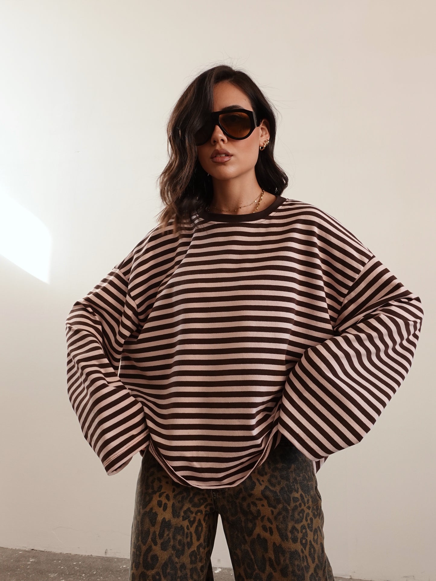 LONG-SLEEVE A RIGHE - ROSA/MARRONE F1109