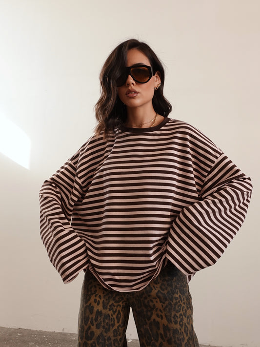 LONG-SLEEVE A RIGHE - ROSA/MARRONE F1109