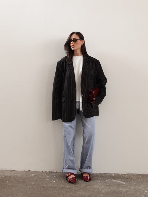BLAZER GESSATO CON RISVOLTO A CONTRASTO - NERO 3141
