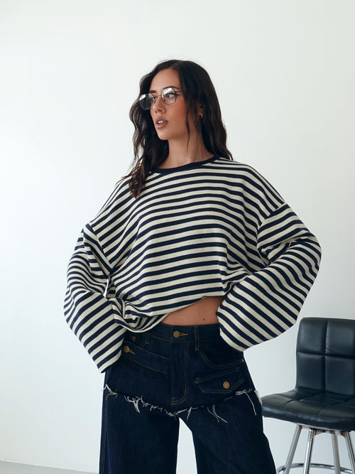 LONG-SLEEVE A RIGHE - BURRO/BLU F1109