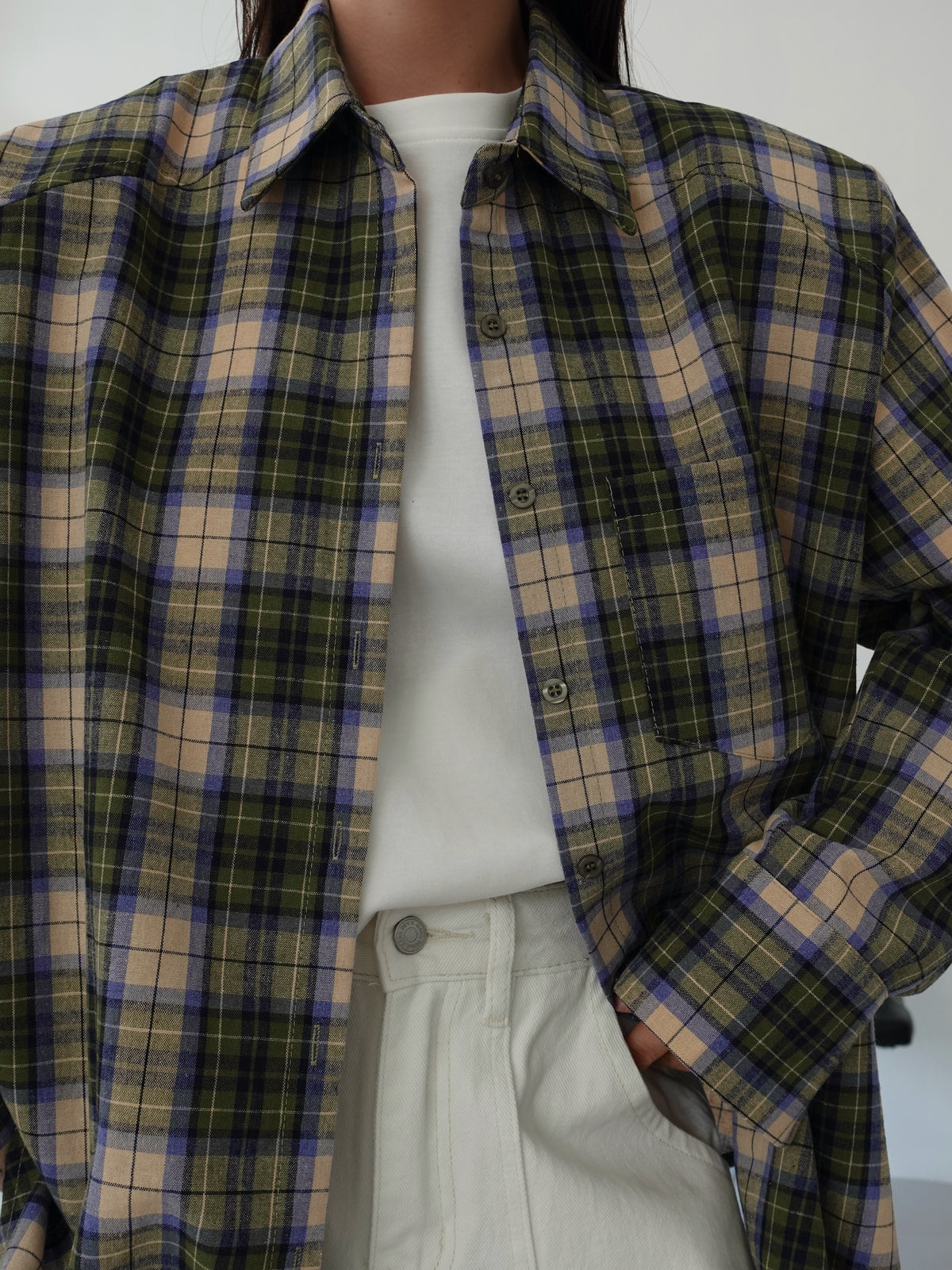 CAMICIA IN COTONE A QUADRI CON SPALLINE - VERDE/BEIGE