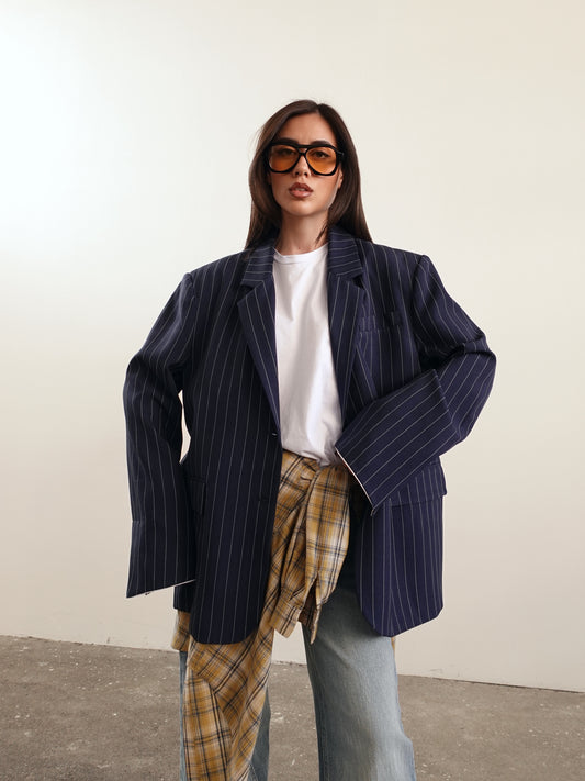 BLAZER GESSATO CON RISVOLTO A CONTRASTO - BLU 3141