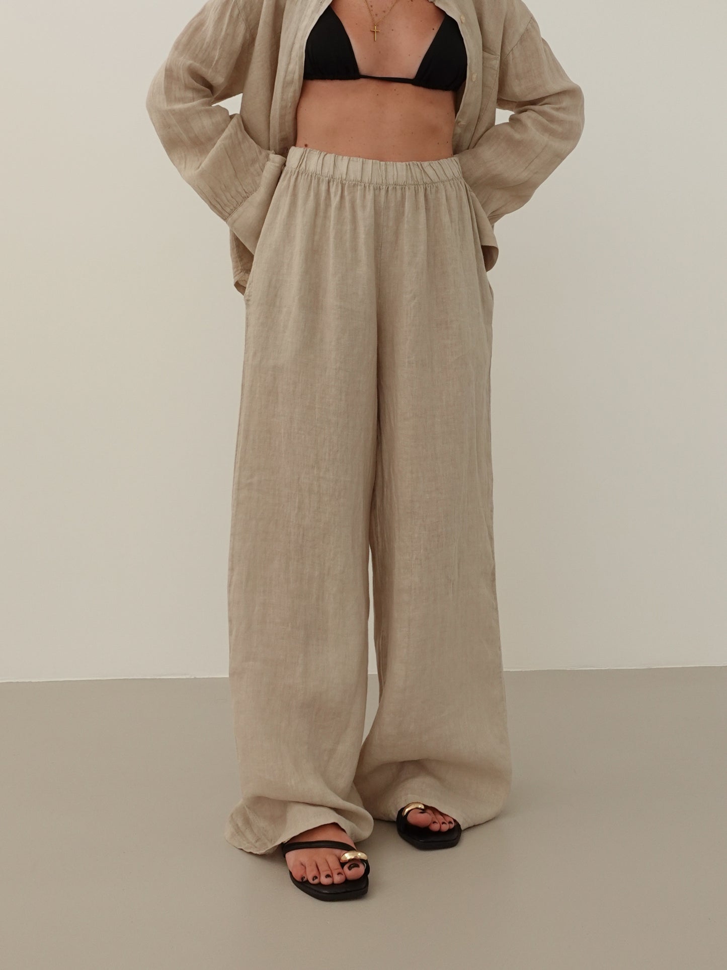 PANTALONI WIDE LEG 100% LINO - BEIGE 8767-2